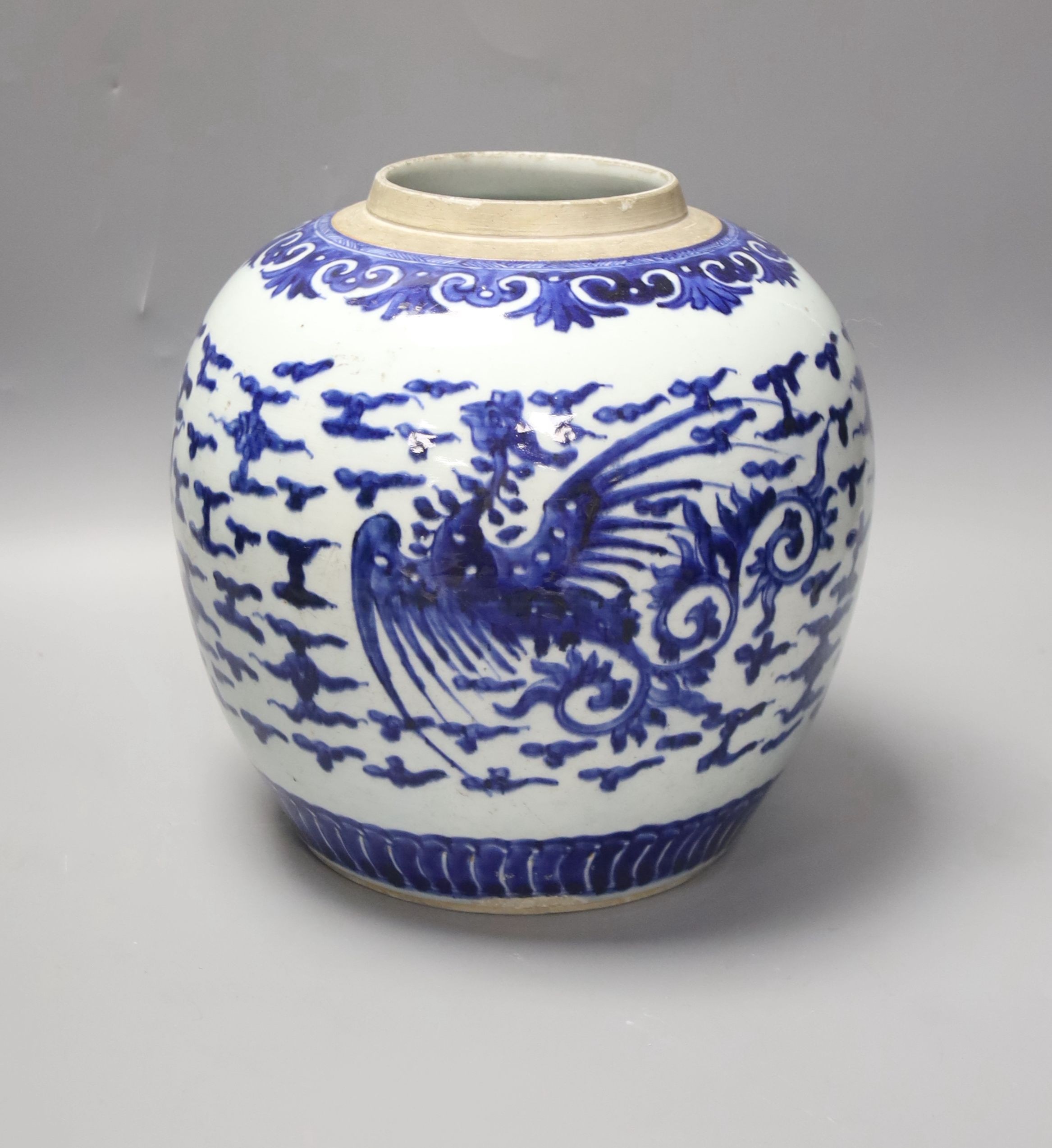 A Chinese blue and white ‘phoenix’ jar, 18th/19th century, 23 cm high
